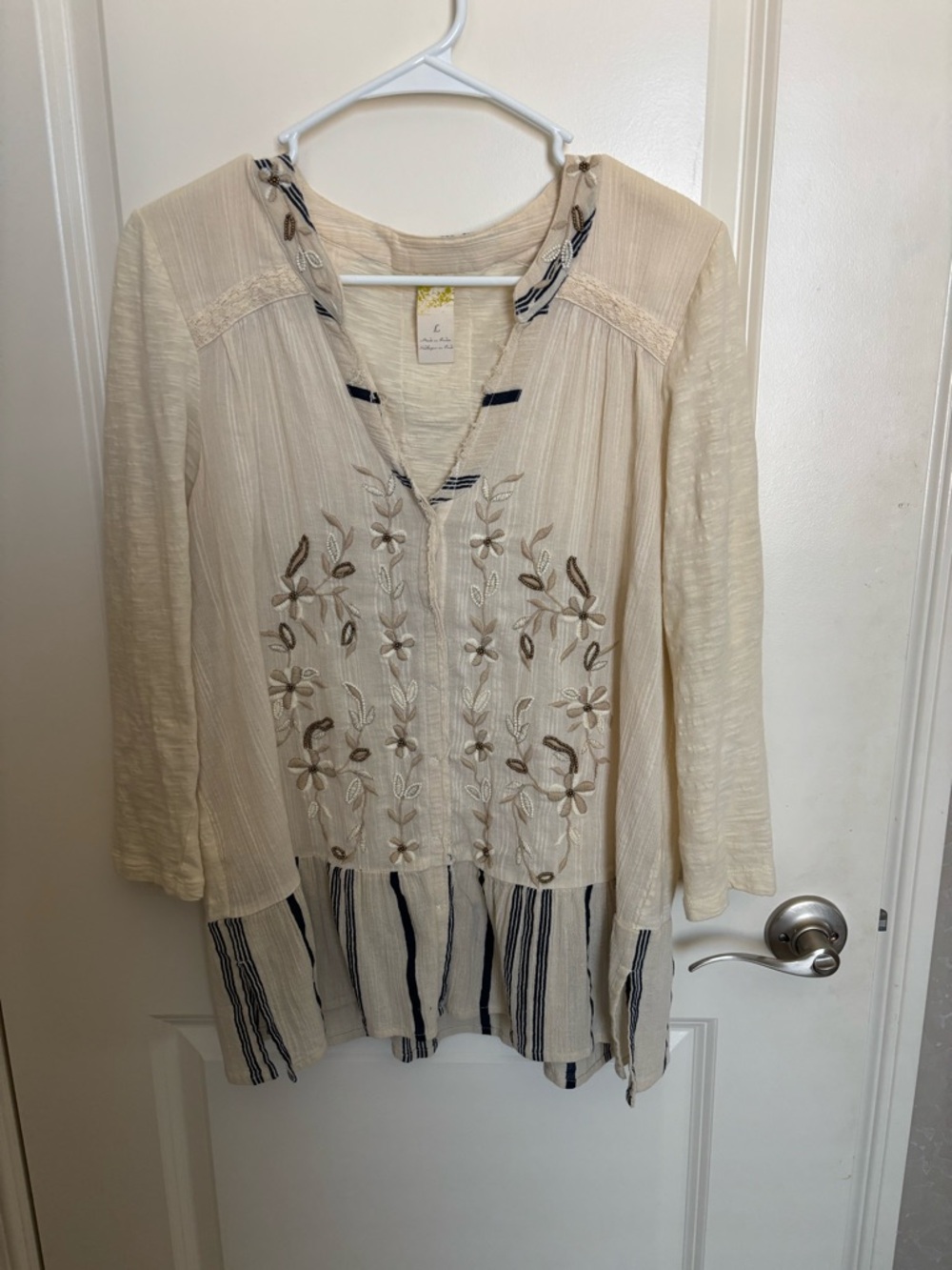 Anthropologie Cream Embroidered V-Neck Tunic with Navy Stripes